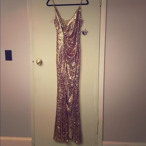 Rose Gold Sequins  Ruched Slit Gown